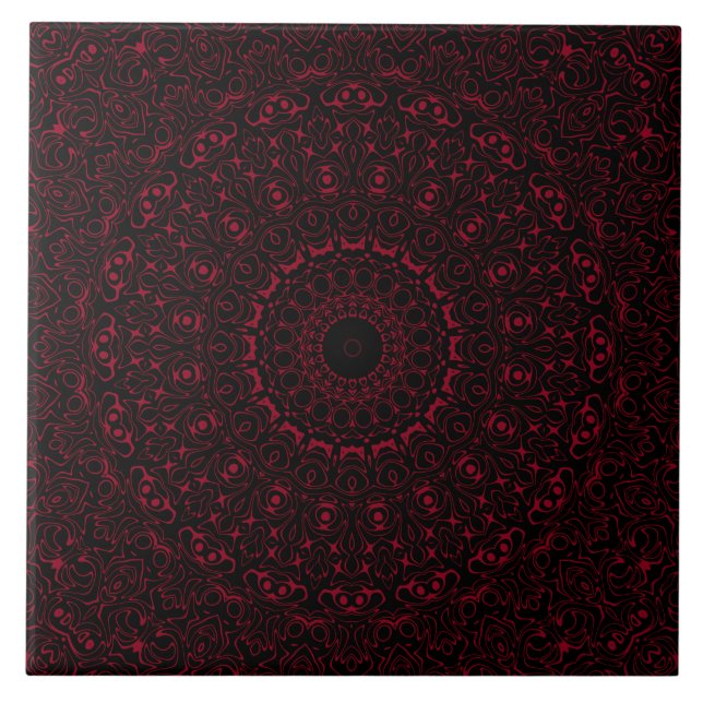 Azulejo Mandala roja borgoñona con simetría ornamental (Frente)