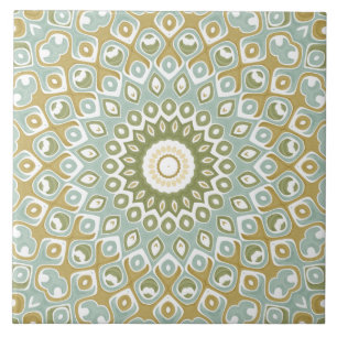 Azulejo Mándala Terroso en Verde, Dorado y Azul Suave