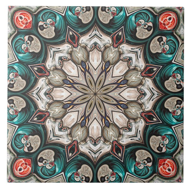 Azulejo Mandala turquesa abstracta (Frente)