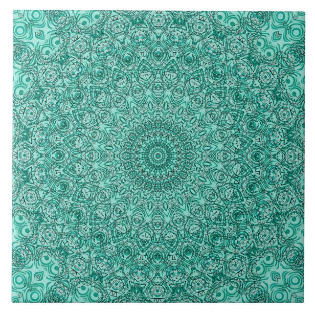Azulejo Mandala turquesa con simetría intrincada (Frente)