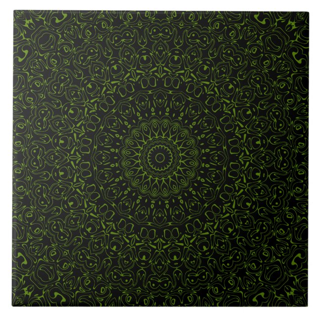 Azulejo Mandala verde aguacate con simetría geométrica (Frente)
