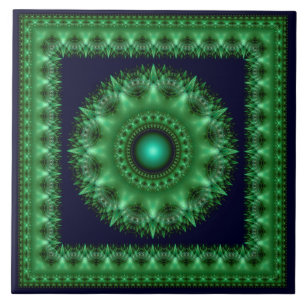 Azulejo Mandalá verde fractal brillante enmarcado