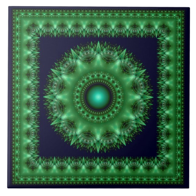 Azulejo Mandalá verde fractal brillante enmarcado (Frente)