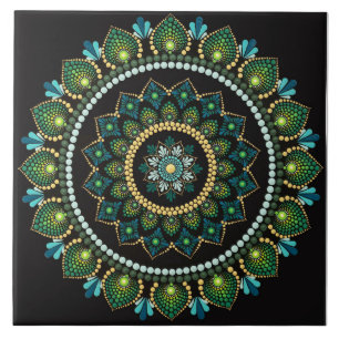 Azulejo Mandala verde   Pintado a mano   Geometría sagrada
