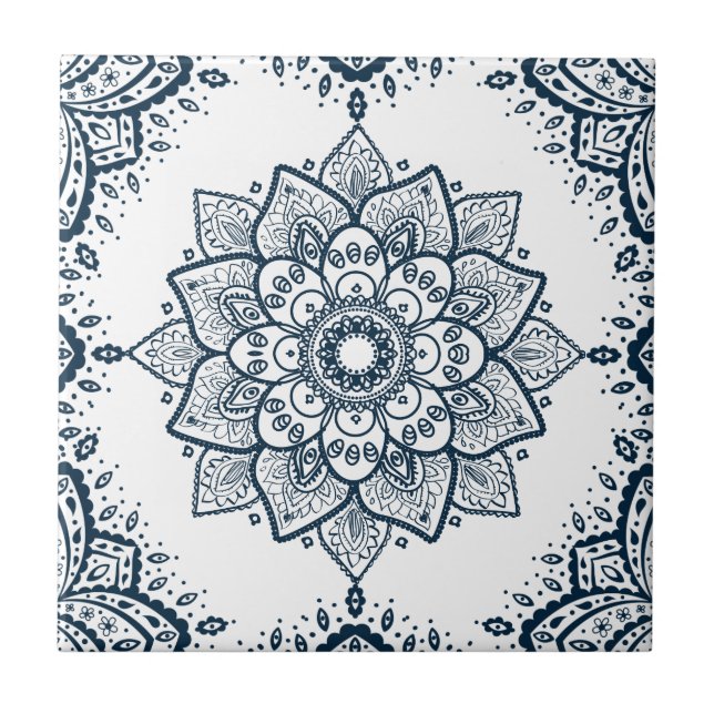 Azulejo Mandala y marco floral azul oscuro (Frente)