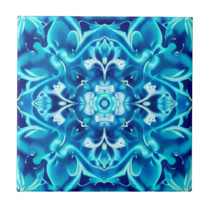 Azulejo Mandalas de flores en acuarela en tonos de azul añ