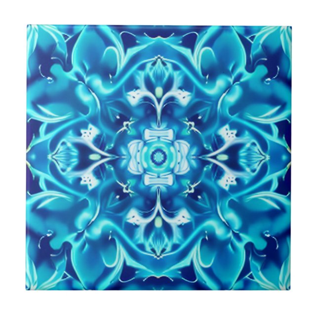 Azulejo Mandalas de flores en acuarela en tonos de azul añ (Frente)
