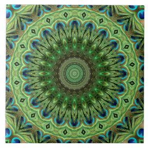 Azulejo Mandalas de Plumas de Pavo Real Simetría Esmeralda