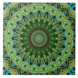 Azulejo Mandalas de Plumas de Pavo Real Simetría Esmeralda