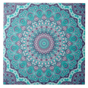 Azulejo Mandalas en Acuarela en Verde Acuático y Púrpura