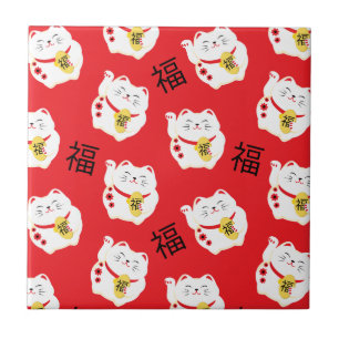 Azulejo Maneki Neko Cute Lucky Cat Rojo y Blanco