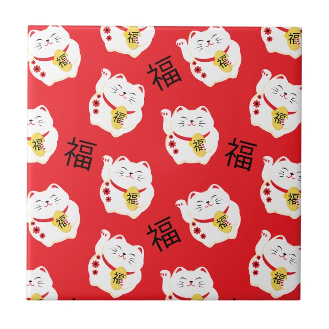 Azulejo Maneki Neko Cute Lucky Cat Rojo y Blanco (Frente)