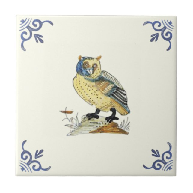 Azulejo Mano antigua de Repro 1700 Pintada Lechuza Delft (Frente)