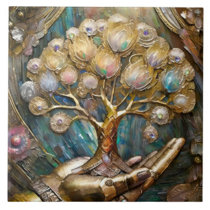 Azulejo Mano De Robot Dorado Sosteniendo Árbol De Vida Dor