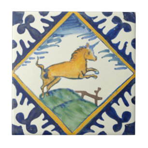 Azulejo Mano de Unicornio dorada pintada temprano Delft Re
