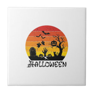Azulejo Mano de Zombie de Halloween Lápida Árbol Gato Negr