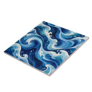 Azulejo Manta abstracta de olas del océano azul acuarela c