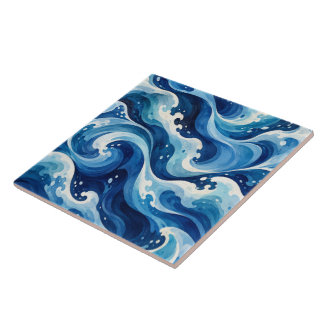 Azulejo Manta abstracta de olas del océano azul acuarela c