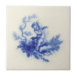 Azulejo Manzana Putti Cherub Fluye Azul c.1875 Repro