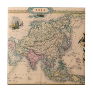 Azulejo Mapa antiguo de Asia en sepia con regiones pastel