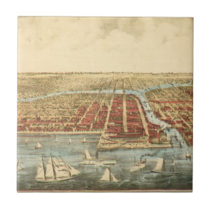 Azulejo Mapa Antiguo de Chicago, Calle LaSalle y Río