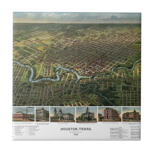 Azulejo Mapa Antiguo de Houston, Texas con el río Buffalo (Frente)