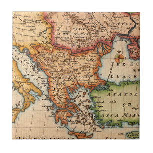 Azulejo Mapa Antiguo del Mar Negro con Regiones Grabadas e