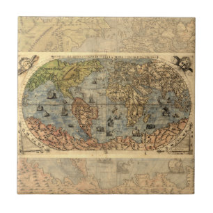 Azulejo Mapa Antiguo del Mundo de Forlani de 1565 Cartogra