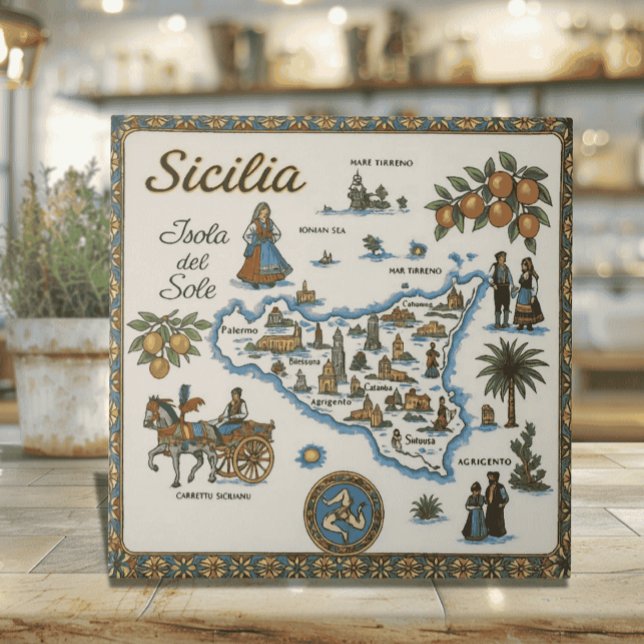 Azulejo Mapa Antiguo del Mundo de Sicilia (Traditional Old World Map of Sicily Ceramic Tile with Carretto Siciliano - Sicilian heritage gift)