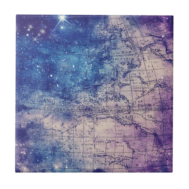 Azulejo Mapa Celestial Místico Púrpura del Mundo (Frente)