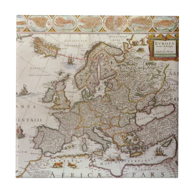 Azulejo Mapa de Antigüedades de Europa por Willem Jansz Bl (Frente)