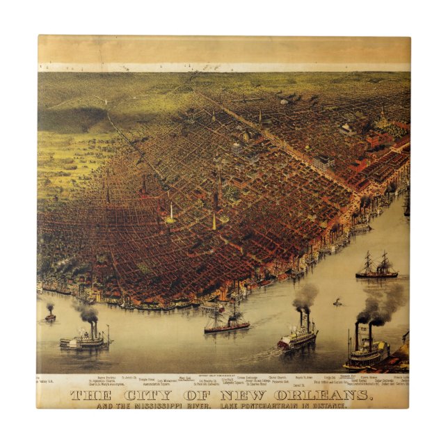 Azulejo Mapa de Birdseye de New Orleans (1885) (Frente)