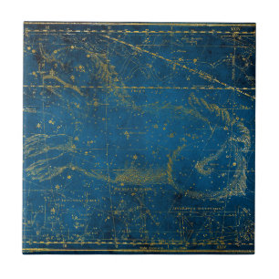 Azulejo Mapa de estrellas vintage ilustrado azul medio y d