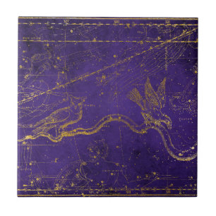 Azulejo Mapa de estrellas vintage ilustrado púrpura y dora
