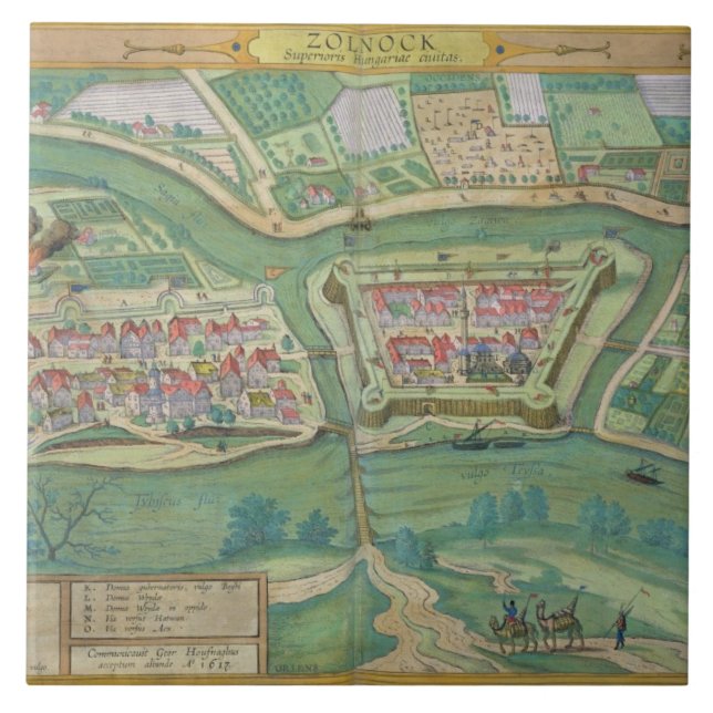 Azulejo Mapa de Szolnok, de "Civitates Orbis Terrarum" (Frente)