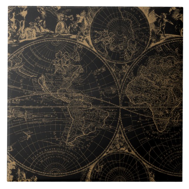Azulejo Mapa de viajes del Viejo Mundo Negro Náutico (Frente)