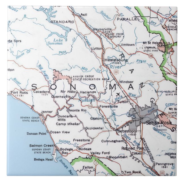 Azulejo Mapa del Condado de Sonoma CA -Azul (Frente)