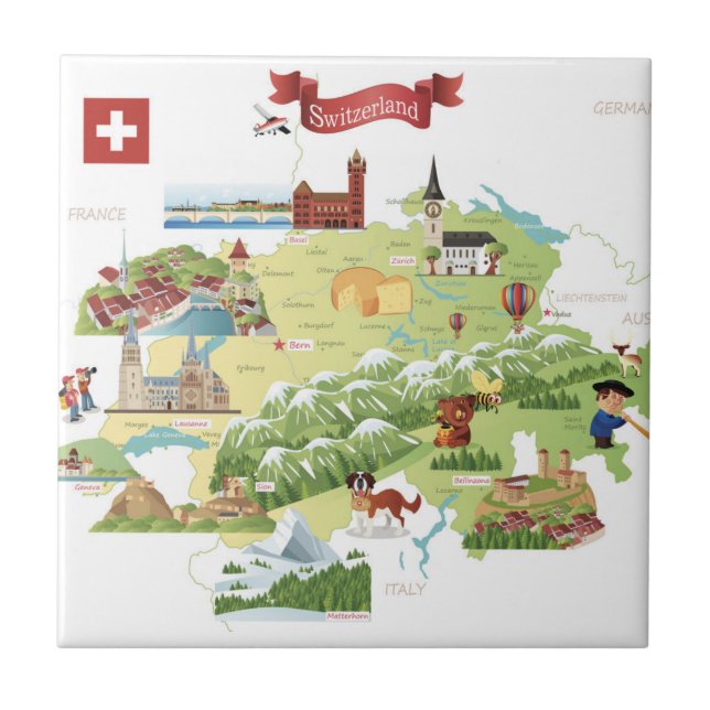 Azulejo Mapa del dibujo animado de Suiza (Frente)