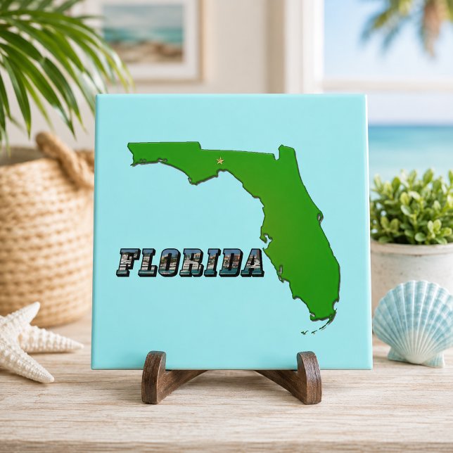 Azulejo Mapa del estado de Florida y texto (Florida State Map and Text Ceramic Tile)
