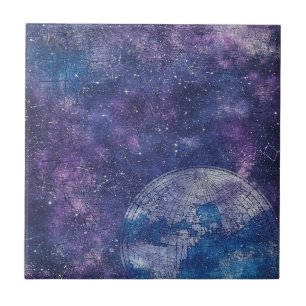 Azulejo Mapa del mundo de carta de estrellas púrpura antig