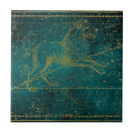 Azulejo Mapa estelar vintage ilustrado verde y dorado del 