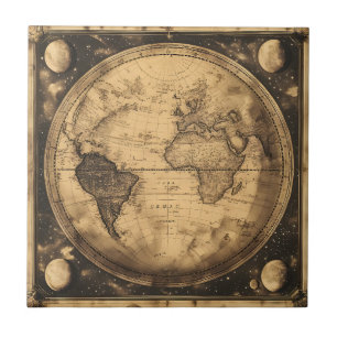 Azulejo Mapa Mundial Antiguo Sepia Grabado Vintage
