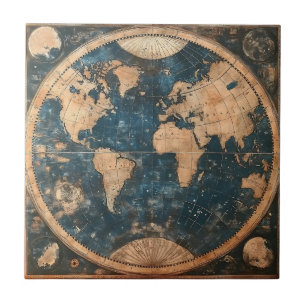 Azulejo Mapa mundial del doble hemisferio azul y oro vinta