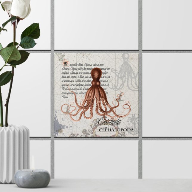 Azulejo Mapa náutico 🐙 pulpo victoriano vintage (Nautical Map 🐙 Victorian Vintage Octopus Ceramic Tile
)