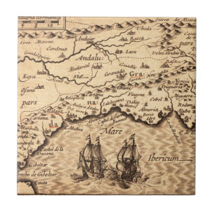 Azulejo Mapa vintage de la costa española con galeones de