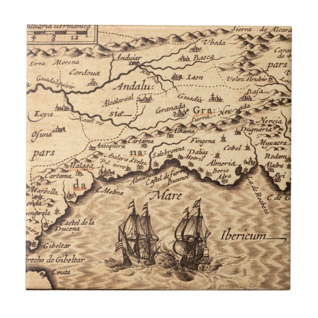 Azulejo Mapa vintage de la costa española con galeones de  (Frente)