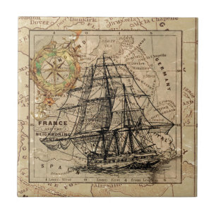 Azulejo Mapa y barco del antiguo general de Francia
