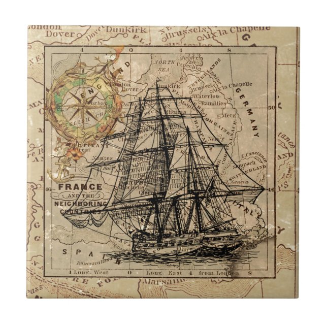 Azulejo Mapa y barco del antiguo general de Francia (Frente)