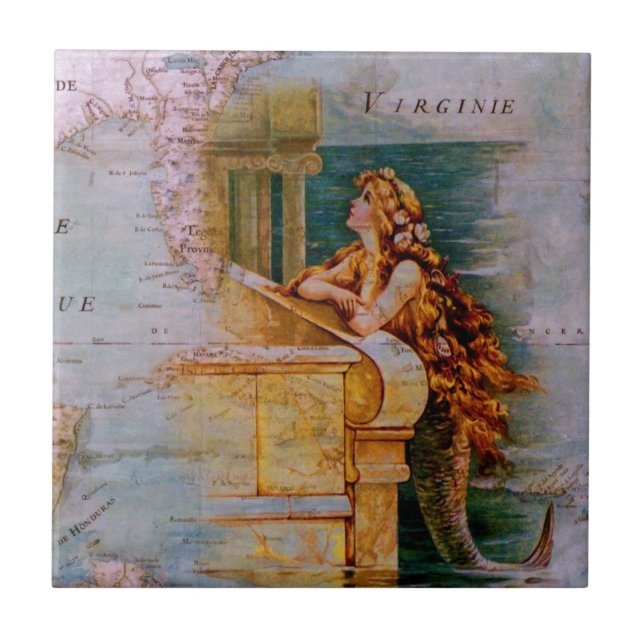 Azulejo Mapa y sirena náuticos antiguos (Frente)