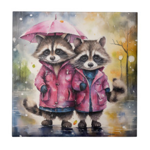 Azulejo Mapaches Adorables en la Lluvia